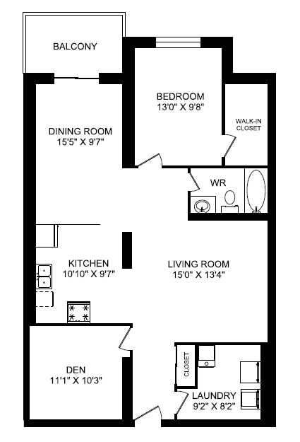 Floor plan for 1 bed, 1 bath, 1112 sqft